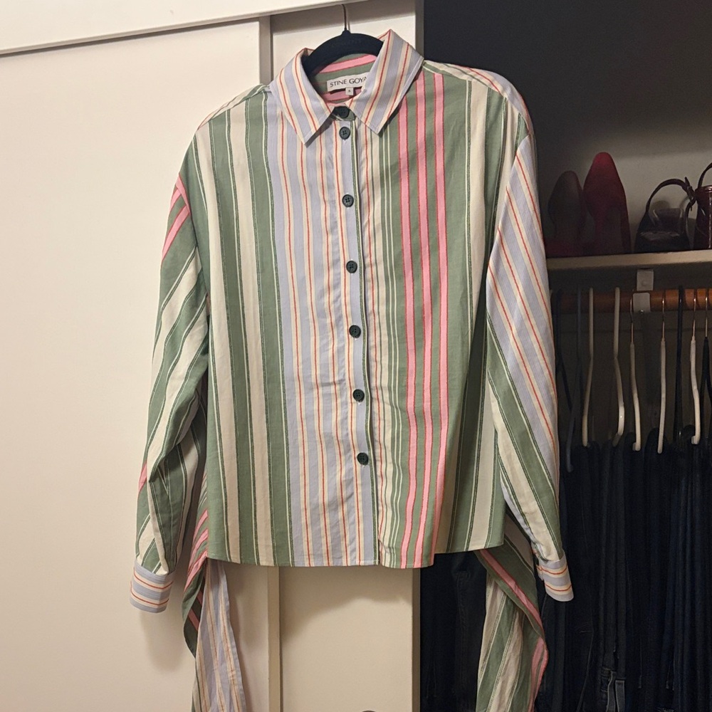 STINE GOYA womens Striped Button-Down Shirt in Green, Pink & White sz small